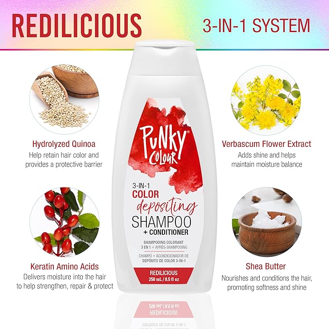 Punky Colour 3-in-1 Color Depositing Conditioner & Hair Cleanser - Redilicious, Semi Permanent Hair Color Conditioner, Cruelty-Free Hair-Dye, 8.5 fl oz.