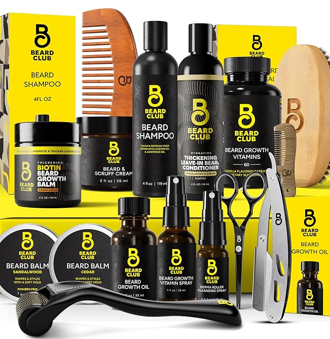 The Beard Club Ultimate Beard Growth Kit - Derma Roller, Growth Oil, Vitamins, Vitamin Spray, Biotin Balm, Conditioner, Cream, Balms, Shampoo, Razor, Scissors, Combs, Brush, Cleansing Spray - Gift Set