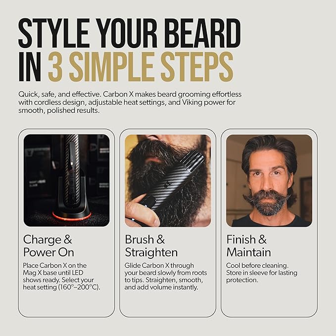 The Beard Struggle Carbon X Heated Beard Brush, Cordless Beard Straightener for Men with Adjustable Temperature 160–200°C – Ionic Anti-Frizz Carbon X Technology Beard Straightening Brush