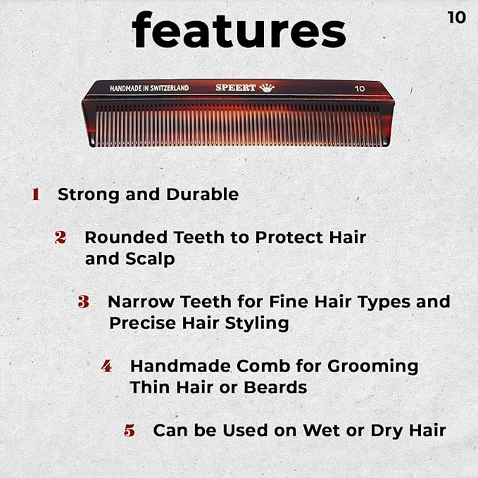 #10 Handmade Narrow Tooth Comb Tortoise Havana Acetate Fine Straight Thin Detangling Parting Grooming Teasing Hair Styling Hairdresser Barber Hairdressing Wet Dry Pocket Travel Women Men Kids