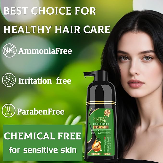 Black Hair Dye Shampoo 6-in-1 Unisex Natural Herbal Formula, Hair Color Shampoo for Women&Man Long-Lasting Color for Grey Coverage Home & Salon (Natuarl Black)
