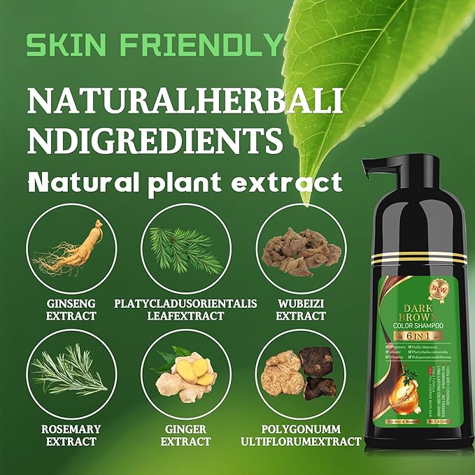 Black Hair Dye Shampoo 6-in-1 Unisex Natural Herbal Formula, Hair Color Shampoo for Women&Man Long-Lasting Color for Grey Coverage Home & Salon (Dark Brown)