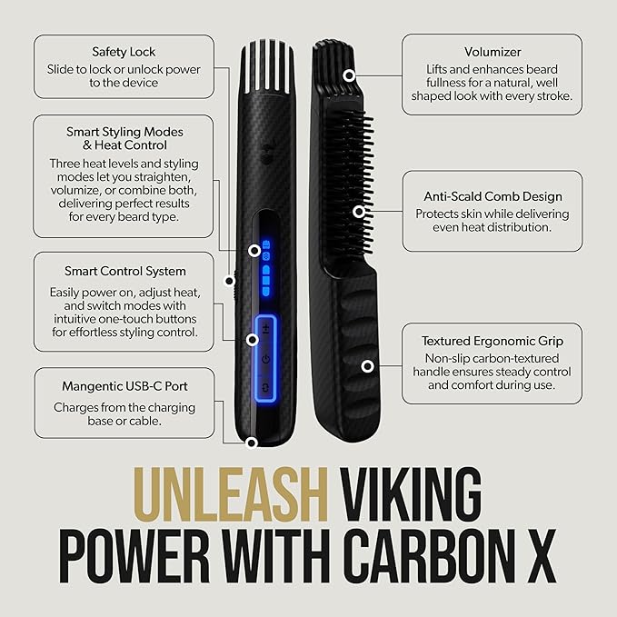 The Beard Struggle Carbon X Heated Beard Brush, Cordless Beard Straightener for Men with Adjustable Temperature 160–200°C – Ionic Anti-Frizz Carbon X Technology Beard Straightening Brush