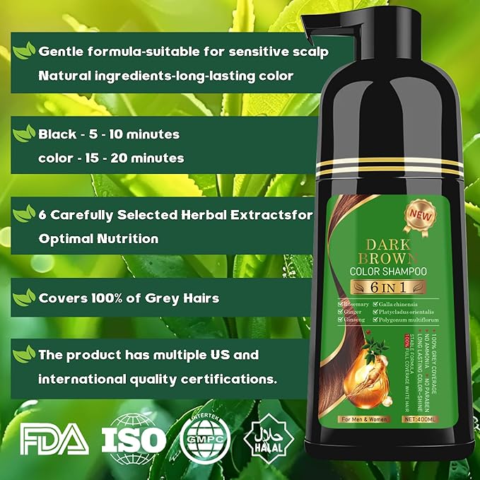 Black Hair Dye Shampoo 6-in-1 Unisex Natural Herbal Formula, Hair Color Shampoo for Women&Man Long-Lasting Color for Grey Coverage Home & Salon (Dark Brown)