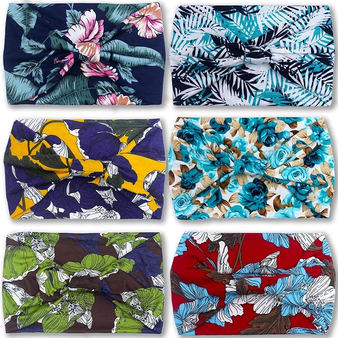 IVARYSS Wide Headbands for Women, Knotted Head Wraps Turbans, Large African Style Head Bands Hair Accessories, 6 Pack (Floral)