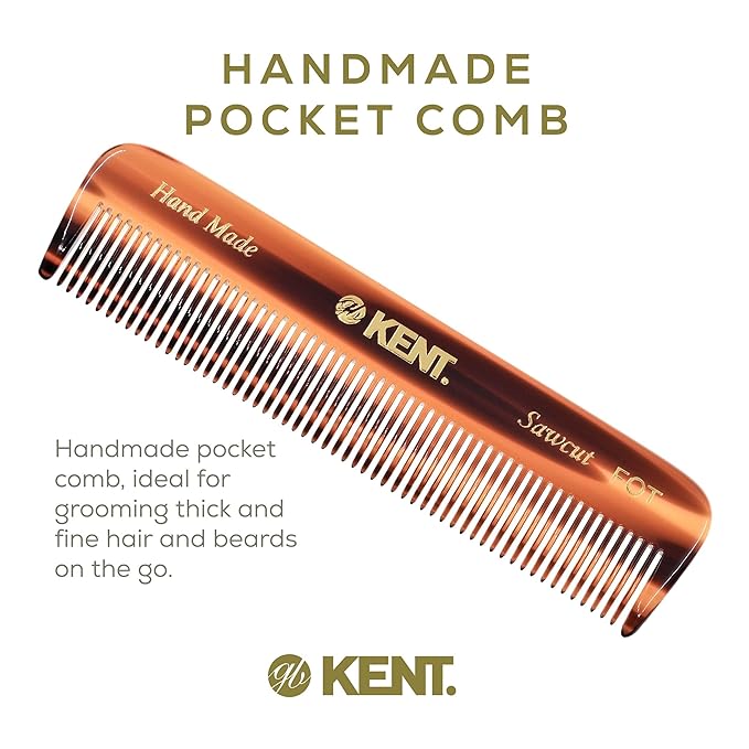 Kent A FOT Tortoiseshell Fine Tooth Handmade Pocket Comb for Men, Women and Kids, Hair Comb Straightener for Grooming and Styling, Beard and Mustache, Saw Cut and Hand Polished, Made in England
