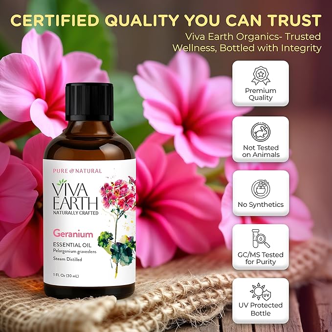 Geranium Essential Oil – Steam-Distilled, Pure & Natural, Long-Lasting Floral Aroma for Skin, Hair, Aromatherapy, DIY Beauty, Soap & Candle Making, 1 fl oz