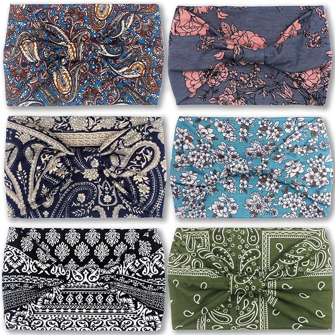 IVARYSS Wide Headbands for Women, Knotted Head Wraps Turbans, Large African Style Head Bands Hair Accessories, 6 Pack (Boho)