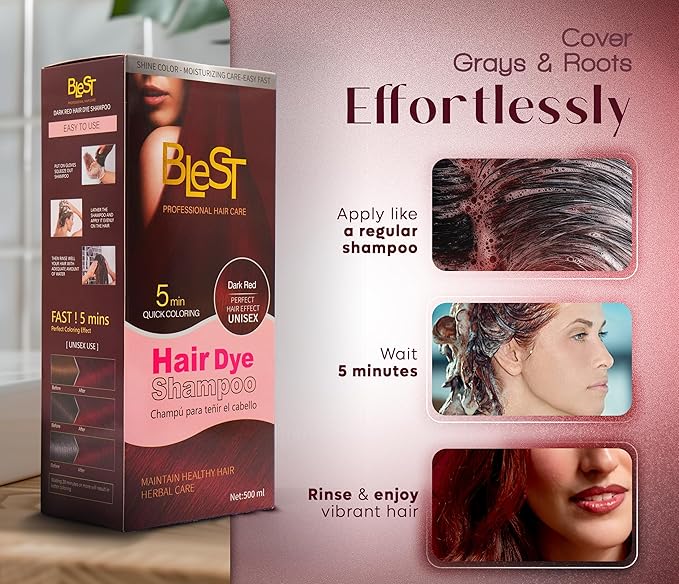 Hair Dye 2-in-1 Shampoo Color for Quick Gray Coverage – Semi Permanent Hair Color for Men and Women – 500ml (Dark Red)