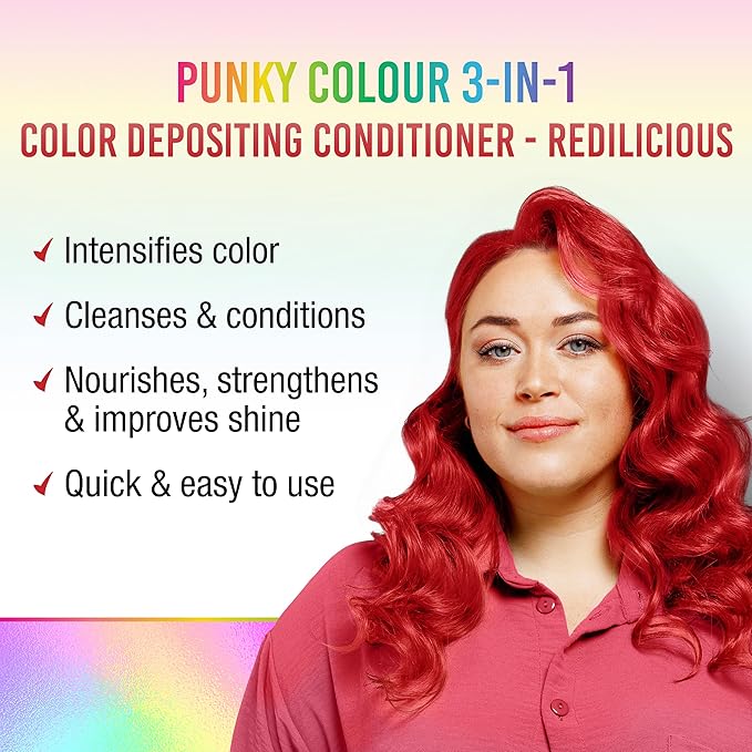 Punky Colour 3-in-1 Color Depositing Conditioner & Hair Cleanser - Redilicious, Semi Permanent Hair Color Conditioner, Cruelty-Free Hair-Dye, 8.5 fl oz.