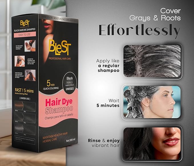 Hair Dye Shampoo Black – 2-in-1 Shampoo Color Hair Dye for Quick Gray Coverage – Semi Permanent Hair Color for Men and Women – 500ml